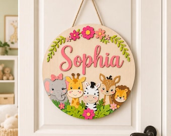 Personalized Safari Girl Name Sign, Custom Jungle Animal Door Hanger, Baby Girl Nursery Wall Decor, Kids Bedroom Door Gift, Round Wood Sign
