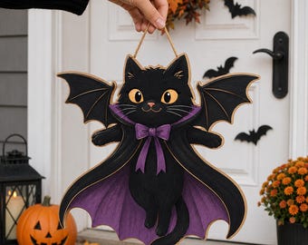 Halloween Black Cat Door Hanger, Vampire Cat Wood Sign, Cute Spooky Porch Decor, Halloween Door Decor, Fall Cat Wall Hanging Halloween Decor