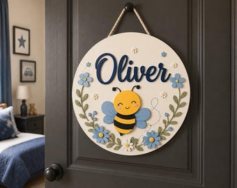 Personalized Bee Nursery Door Sign, Custom Wooden Name Sign for Kids Room, Floral Bee Wall Decor, Baby Girl Boy Bedroom Hanging Decor
