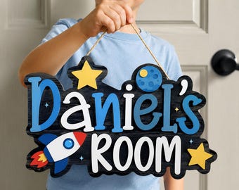 Personalized Kids Room Sign, Custom Space Door Hanger, Rocket Name Sign, Boys Bedroom Decor, Nursery Wall Art, Outer Space Gift, Kids Gift