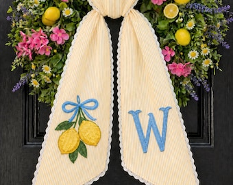 Personalized Embroidered Lemon Wreath Sash, Monogram Door Bow, Lemon Topiary Decor, Chinoiserie Front Door Decor, Summer Citrus Home Accent