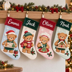 May include: Four personalized Christmas stockings hanging from a wooden mantel. Each stocking features a brown teddy bear illustration and a velvet cuff embroidered with the names Emma, Jack, Olivia, and Noah in white script lettering.