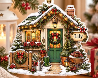 Personalized Christmas Cottage Ornament, Custom Name House Ornament, New Home Gift, Cozy Holiday Keepsake, 2D Flat Christmas Holiday Decor