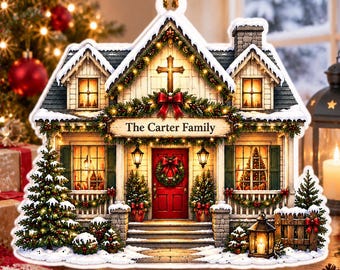 Personalized Family Christmas Ornament, Custom Family Name House Ornament, Christian Home Gift, New Home Holiday Keepsake, 2D Flat Decor