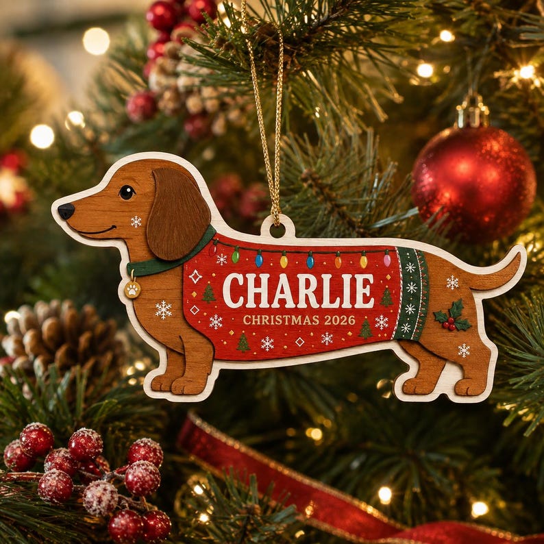 May include: A wooden dachshund ornament featuring a brown dog wearing a red and green sweater with the name CHARLIE and the text CHRISTMAS 2026 printed on it. The sweater is decorated with a string of colorful lights, snowflakes, and trees.