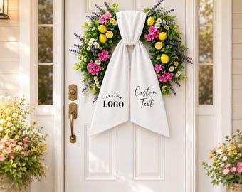 Custom Wreath Sash with Logo and Text, Personalized White Door Bow, Business Logo Wreath Ribbon, Spring Summer Lemon Front Door Decor