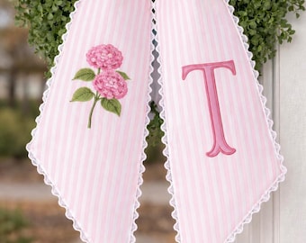 Pink Hydrangea Wreath Sash with Scalloped Ricrac Edge, Embroidered Door Decor, Front Porch Wreath Bow, Hydrangea Home Decor Gift Flower