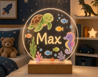 Personalized Ocean Turtle Animal Night Light For Boy Kids, Custom Name LED Acrylic Lamp, Sea Turtle Seahorse Nursery Decor, Kid Bedroom Gift