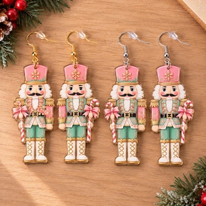 Pink Nutcracker Christmas Earrings 2026, Acrylic Nutcracker Dangle Earrings, Pastel Candy Cane Holiday Jewelry, Coquette Christmas Gift Her