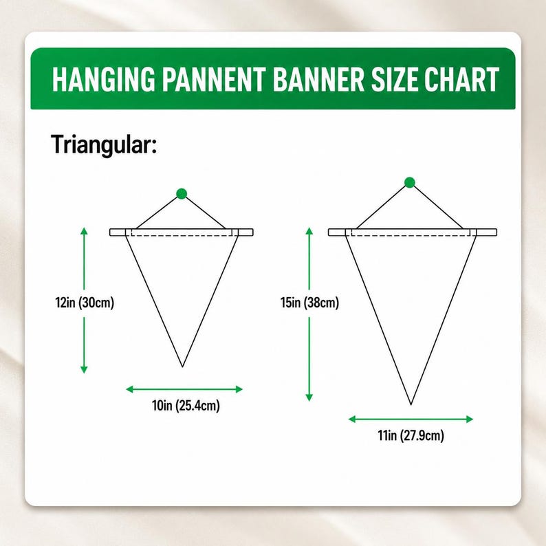 May include: A white hanging pennant banner size chart with green text and graphics. The chart displays two triangular banners with dimensions: 12 inches by 10 inches and 15 inches by 11 inches. The text reads HANGING PANNENT BANNER SIZE CHART.