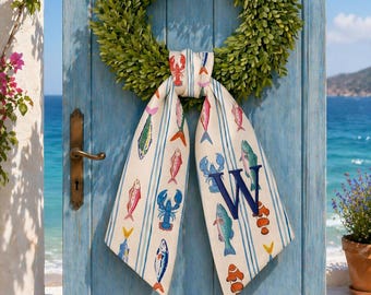 Embroidered Seamless Colorful Fish Pattern Wreath Sash, Custom Fishing seamless, Coastal Summer Nautical Print, Blue Lobster Crab Sash