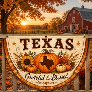 May include: A semi-circular fabric banner featuring the word TEXAS in large brown letters, a central orange pumpkin with a Texas state silhouette, a sunflower, wheat stalks, and the text Grateful & Blessed in a script font on a cream background.