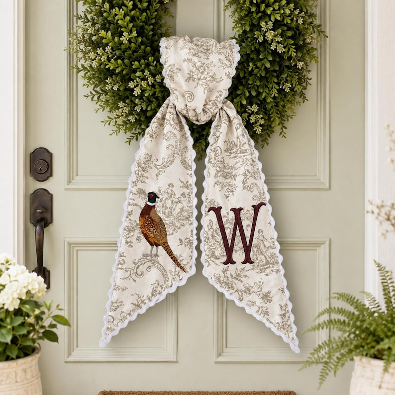 May include: A decorative fabric door hanger featuring a beige toile pattern with a pheasant illustration on the left side and a large, dark red embroidered letter W on the right side, finished with a white scalloped trim edge.