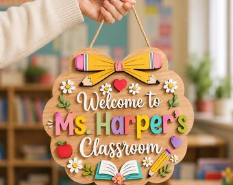 Personalized Teacher Classroom Door Sign, Custom Welcome Sign, Back to School Decor, Teacher Gift, Wood Classroom Door Hanger Decor Class