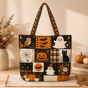 May include: A quilted tote bag featuring a patchwork design with Halloween motifs including an owl, bats, a ghost, a spider web, a jack-o'-lantern, a black cat, and floral patterns in black, orange, white, and yellow with two matching shoulder straps.