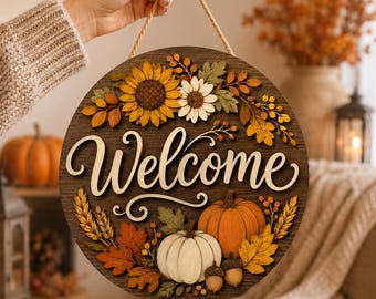 Fall Welcome Door Hanger, Personalized Autumn Wooden Door Sign, Pumpkin Sunflower Front Door Decor, Rustic Farmhouse Fall Porch Decor