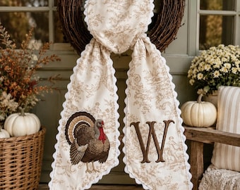 Personalized Thanksgiving Turkey Wreath Sash, Turkey Monogram Sash, Neutral Toile Fall Wreath Bow, Custom Hostess Gift, Autumn Sash Decor