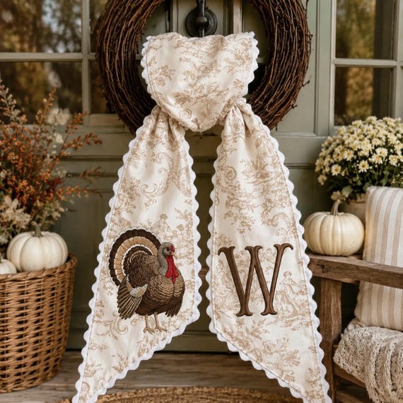 Personalized Thanksgiving Turkey Wreath Sash, Turkey Monogram Sash, Neutral Toile Fall Wreath Bow, Custom Hostess Gift, Autumn Sash Decor