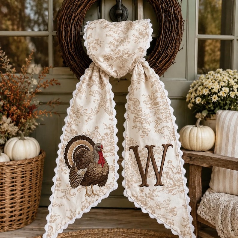 Pu&ograve; includere: Un appendiporta in tessuto color crema con motivo toile marrone, bordo bianco smerlato, un tacchino ricamato sul lembo sinistro e una grande lettera W ricamata in marrone sul lembo destro, appeso a una ghirlanda di ramoscelli marroni.