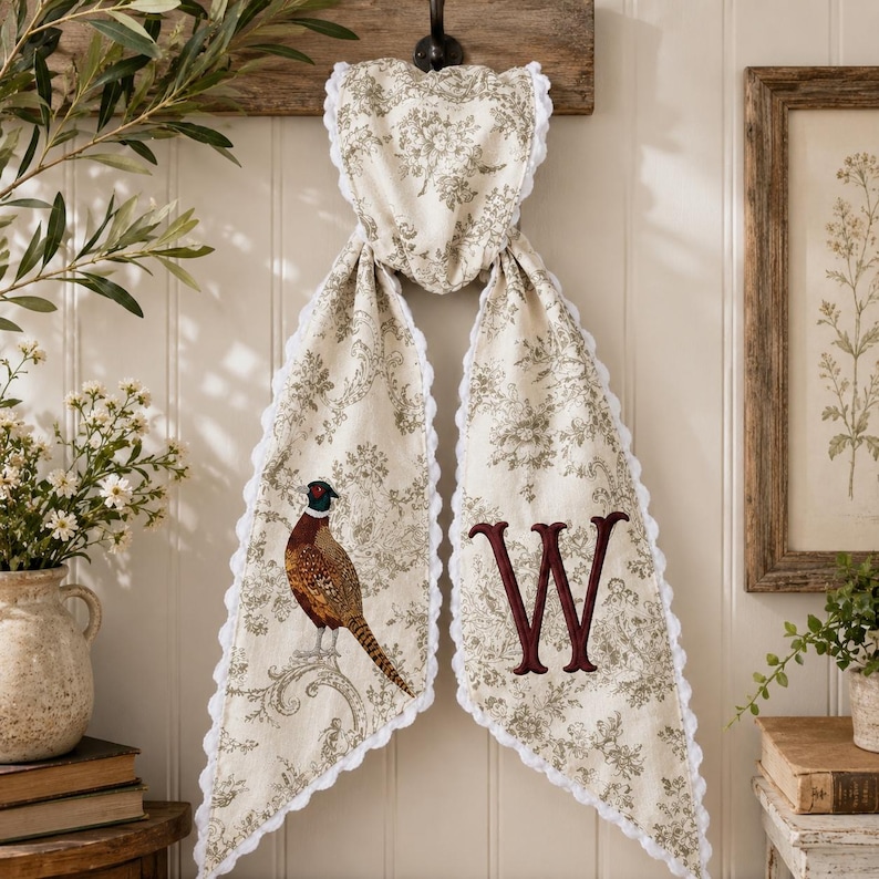 May include: A hanging fabric towel featuring a cream-coloured base with a grey floral toile pattern and white scalloped trim. One side displays a detailed illustration of a pheasant, while the other side features a large, embroidered letter W in dark red.