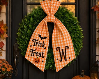 Personalized Halloween Wreath Sash Bow, Trick or Treat Wreath Bow, Custom Monogram Door Wreath Ribbon, Fall Porch Decor Halloween Gift