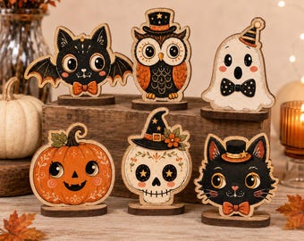 Vintage Cute Halloween Wooden Table Decor, Owl Witch Shelf Sitter, Halloween Tiered Tray Decor, Fall Wood Sign, Spooky Cute Home Decoration