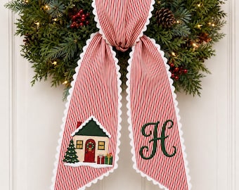 Personalized Christmas Home Wreath Sash, Embroidered Christmas House Sash, Monogram Holiday Door Decor, Custom Wreath Bow, Christmas Gift