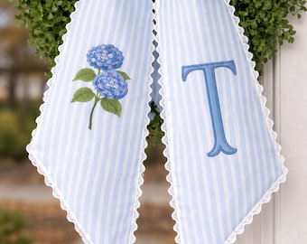 Hydrangea Wreath Sash with Scalloped Ricrac Edge, Embroidered Door Decor, Front Porch Wreath Bow, Hydrangea Lover Home Decor Gift Flower