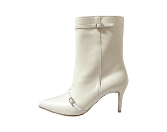 Botines de novia color marfil hasta el tobillo / Botas de boda de cuero con hebilla joya