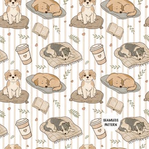 May include: A seamless pattern featuring illustrations of dogs sitting on cushions, dogs sleeping on blankets, open books, coffee cups with heart icons, and small leaves on a beige striped background. The text SEAMLESS PATTERN is visible.