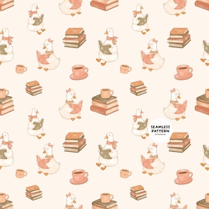 Könnte beinhalten: Ein nahtloses Muster mit weißen Gänsen, die rosa Schleifen und Brillen tragen und Bücher lesen, durchsetzt mit Bücherstapeln und rosa Kaffeetassen. Das Design enthält den Text SEAMLESS PATTERN und ArtisticInks auf einem hellen cremefarbenen Hintergrund.