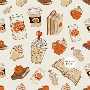 Könnte beinhalten: Ein sich wiederholendes Muster auf hellbeigem Hintergrund mit Illustrationen von Kürbisgewürz-Kaffeetüten, Eiskaffeebechern mit Kürbis-Rührstäbchen, Büchern und kürbisförmigen Tassen mit Schlagsahne. Der Text "PRIMARY DESIGN" ist zu sehen.