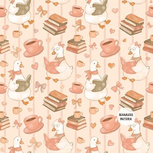 May include: A seamless pattern featuring white geese reading books, stacks of books, pink teacups, and small bows on a light peach background with vertical stripes. The text SEAMLESS PATTERN is printed in a white circle in the lower right corner.