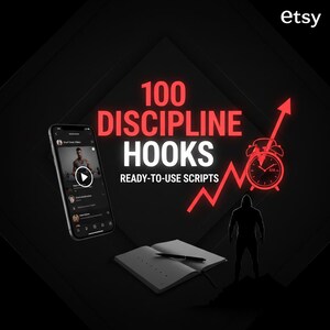 May include: A digital product advertisement with the Etsy logo. The image features a smartphone displaying a workout video, a notebook with a pen, and the text "100 DISCIPLINE HOOKS READY-TO-USE SCRIPTS". A red arrow and alarm clock graphic are also present.