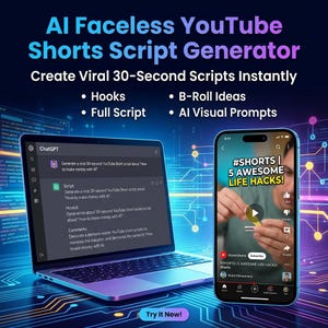 Puede incluir: Imagen promocional para un generador de guiones de YouTube Shorts con IA. La imagen presenta una computadora portátil que muestra un guion y un teléfono inteligente que muestra un video de Shorts. El texto incluye "AI Faceless YouTube Shorts Script Generator".
