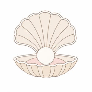 May include: A light beige clam shell with a pearl inside. The shell is open, revealing a pink interior. The shell has a scalloped edge and vertical lines. The pearl is a perfect sphere, centered within the shell.