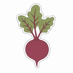 May include: A stylized illustration of a beet. The beet is a deep red-purple color with green leaves and red stems. The image has a white outline and is set against a white background. This image is suitable for kitchen decor or food-themed designs.
