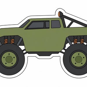 May include: An olive green monster truck illustration with large black tires and orange suspension springs. The truck has a roll cage and a red taillight. The image is outlined in white.