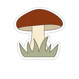 以下が含まれることがあります： 茶色の傘、ベージュの茎、根元に緑の草があるキノコの漫画イラスト。 キノコは白で縁取られ、草は明るい緑色です。