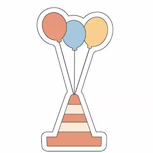 Può includere: Un adesivo fustellato che raffigura una base a forma di cono stradale con strisce orizzontali color arancio tenue e crema. Tre palloncini nelle tonalità delicate pesca, azzurro e giallo pallido sono fissati alla cima da sottili linee nere.