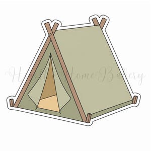 May include: A light green tent-shaped cookie cutter with brown wooden supports. The tent has an open flap revealing a tan interior. The text "Heather's Home Bakery" is written in cursive across the image.