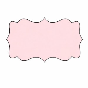 May include: A pale pink label with a black, scalloped border. The label is rectangular with curved edges, set against a white background. Ideal for crafting or design projects.
