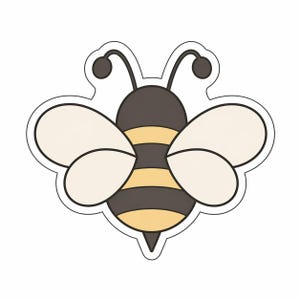 May include: A cartoon bee sticker with a white border. The bee features a black and yellow striped body, cream-coloured wings, and black antennae with small round tips. The design is simple and clean.