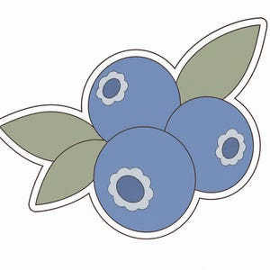 Pode incluir: Ilustração de três mirtilos com folhas verdes. Os mirtilos são de cor azul clara com um centro branco e azul claro. As folhas são de cor verde suave e a imagem tem um contorno branco.