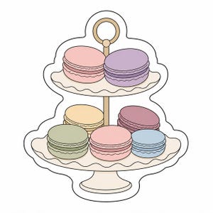 May include: A two-tiered cake stand displaying six macarons in pastel colours. The macarons are pink, purple, yellow, green, and blue. The stand is off-white with a gold handle. The macarons are arranged on each tier.