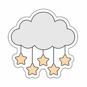May include: A cloud-shaped design with a gray center and a white outline. Five light orange stars hang from the cloud by thin black lines. The design is on a white background.