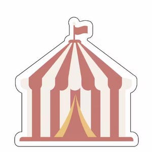 May include: A sticker featuring a circus tent with vertical dusty rose and cream stripes. The tent has a pointed roof topped with a small flag and a central entrance opening that reveals a triangular yellow interior section against a white background.