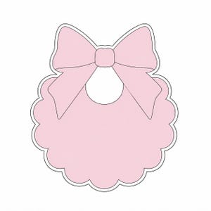 May include: A pink baby bib with a large bow at the top. The bib has a scalloped edge and a circular opening for the neck. The design is simple and clean, with a white outline.