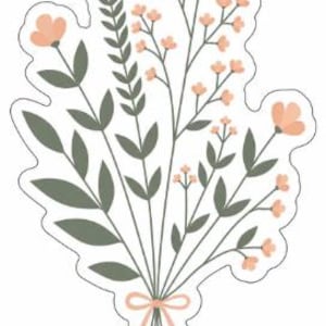 以下が含まれることがあります： スタイリッシュな花のブーケのステッカー。ブーケには、桃色の花と緑の葉が含まれており、桃色のリボンで結ばれています。デザインは白いアウトラインで、クリーンでモダンな美しさを生み出しています。