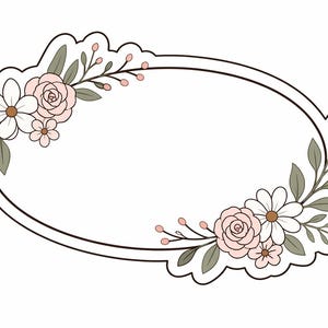 May include: Oval floral design with a scalloped edge. The design features white daisies, pink roses, and small pink flowers, along with green leaves and stems. The outline is black, and the background is white.